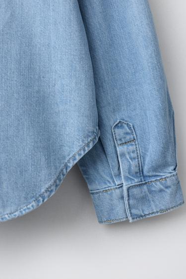 CHEMISE EN DENIM À COL CLAUDINE ET FLEURS BRODÉES - Bleu de Zara - Image 3