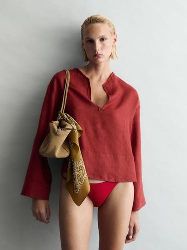 Zara 100% linen open stand collar shirt - 599 - Image 0