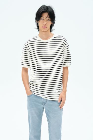 Zara 人造絲混紡針織 T 恤 - 裸色 / 藍色
