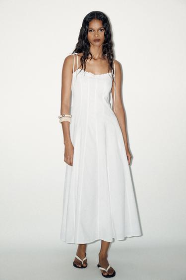 VESTIDO MIDI POPELÍN VOLANTES - Blanco de Zara - Imagen 0