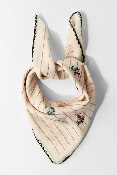 Zaras RANDIG SCARF MED BRODERADE BLOMMOR - Naturfärg