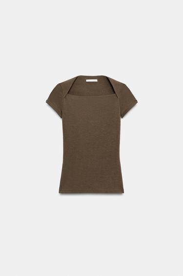 SQUARE NECK T-SHIRT - Brown by Zara