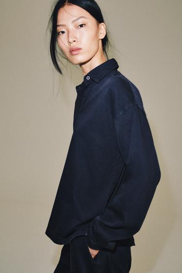 Zara OVERSIZED COTTON POLO SHIRT - Blue
