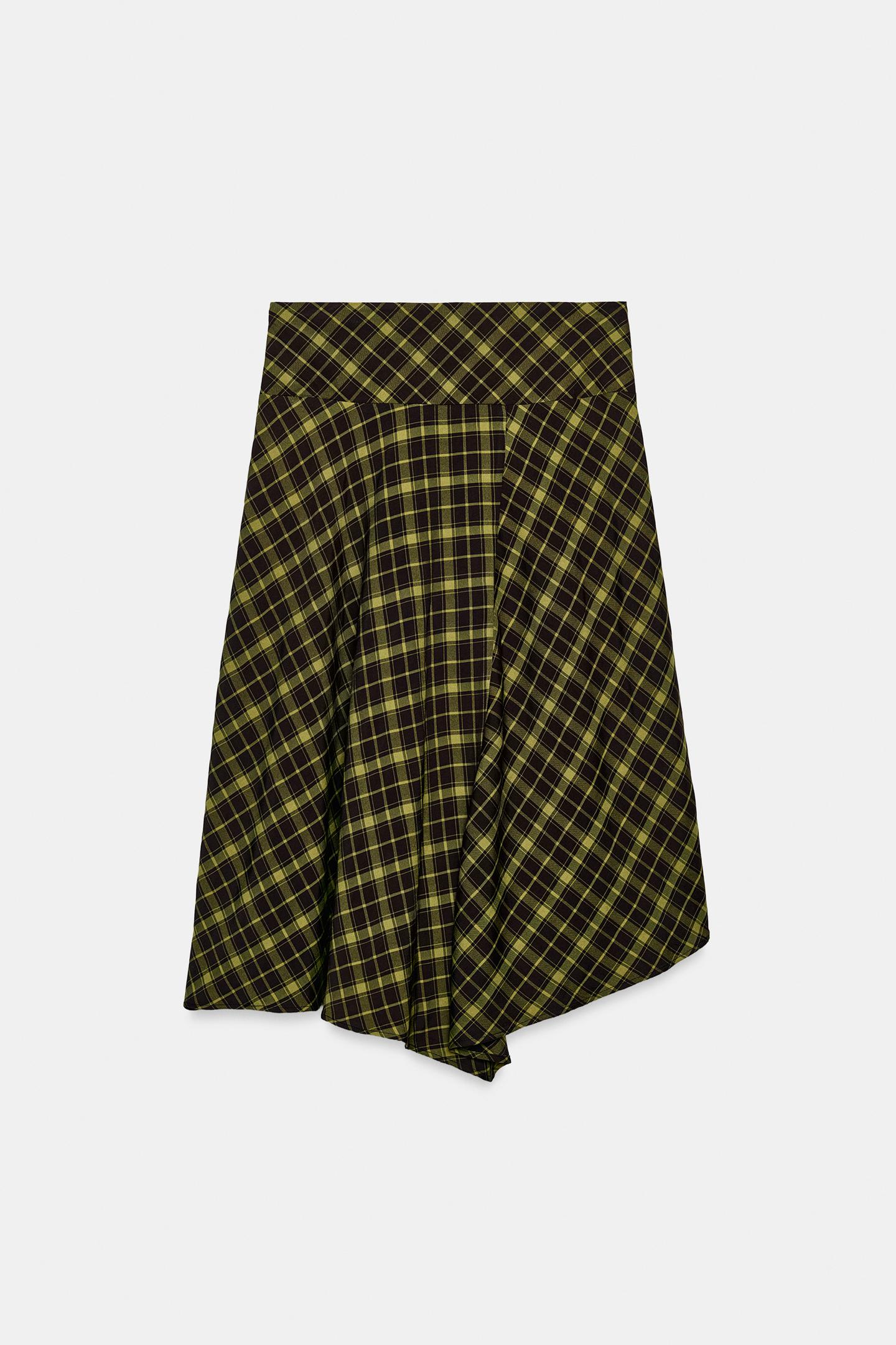 Женская юбка Zara Asymmetric Checked MIDI, цвет: Коричневый / Зелёный — фото 7