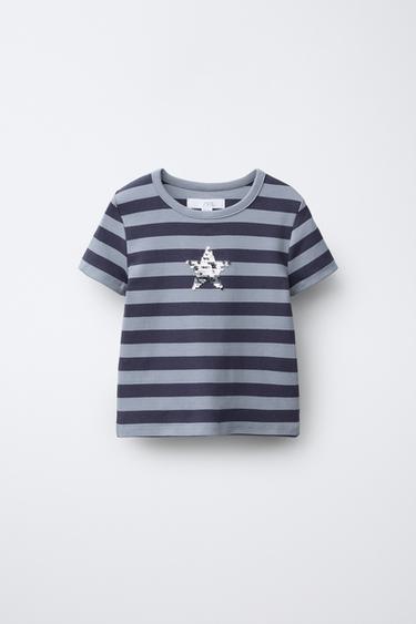 Zara STRIPED STAR SEQUIN T-SHIRT - striped