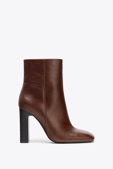 Zara LEATHER WIDE HEEL ANKLE BOOTS - Brown