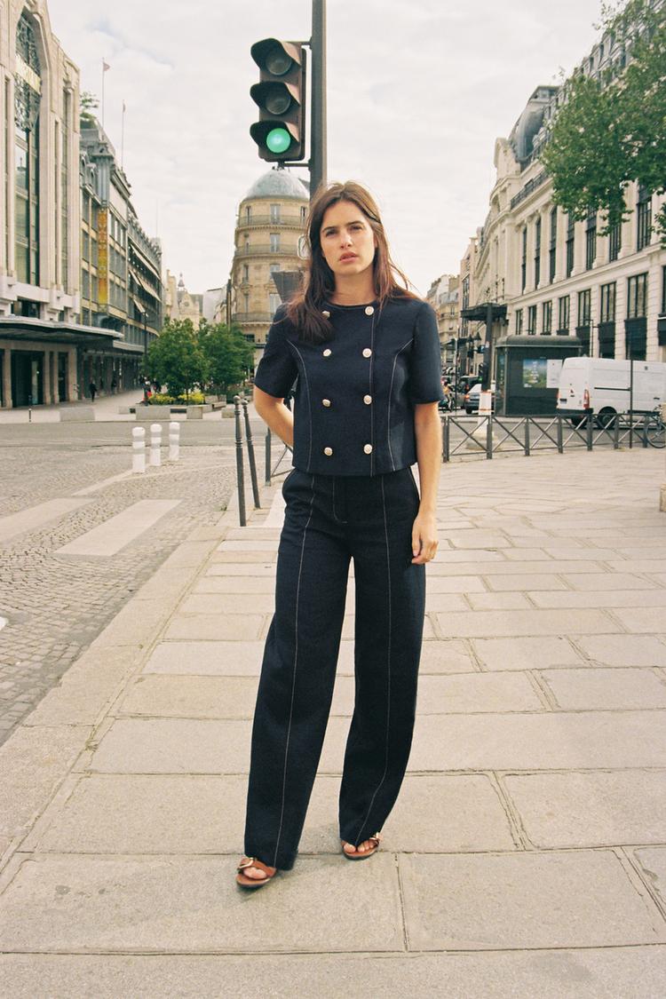 PANTALÓN RECTO PESPUNTES CON LINO Marino ZARA Chile