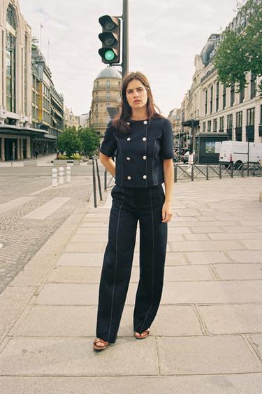 Zara STRAIGHT FIT LINEN PANTS WITH TOPSTITCHING - Navy blue - Image 0