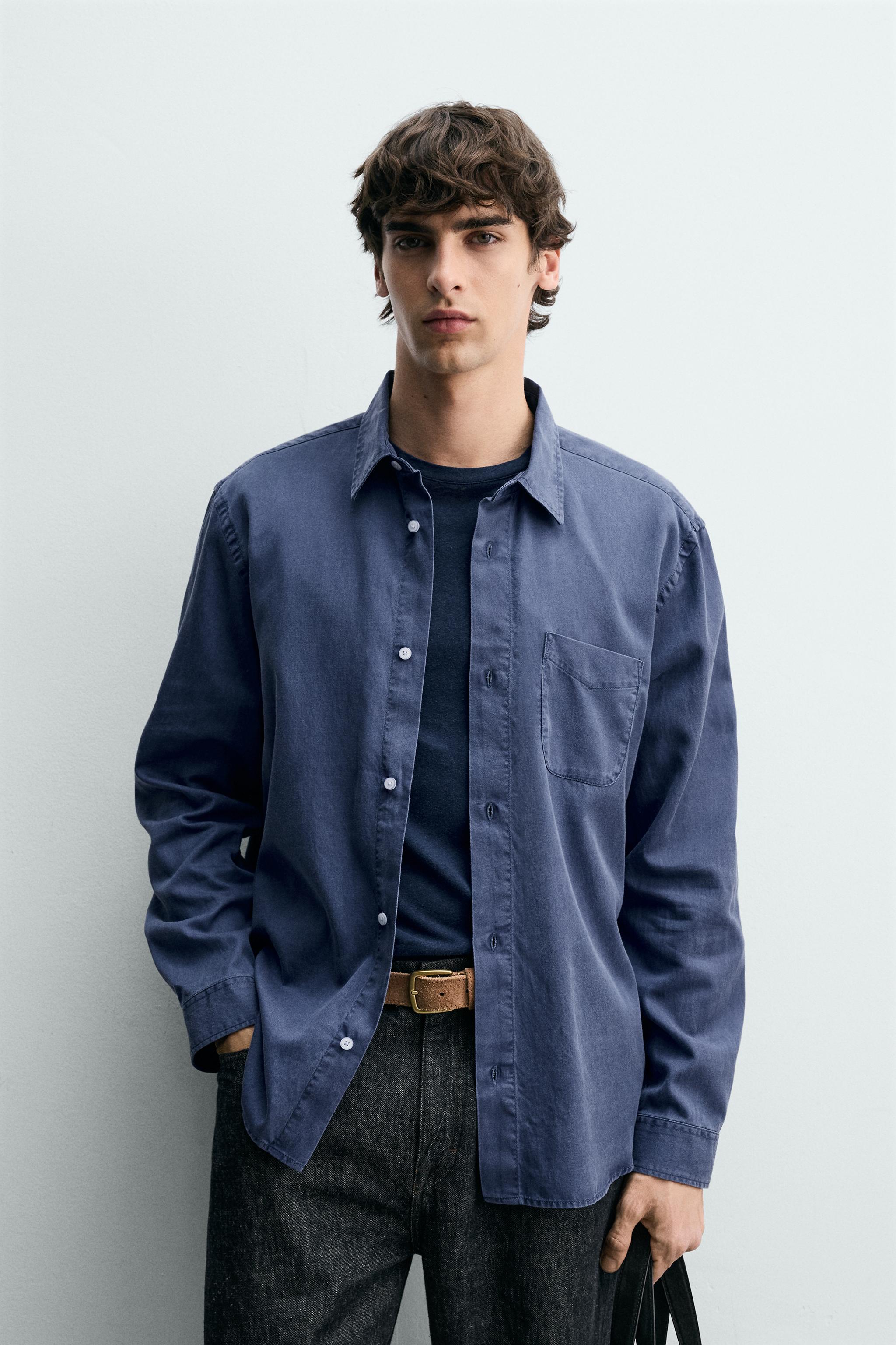 REGULAR FIT LYOCELL/COTTON SHIRT — Ink blue