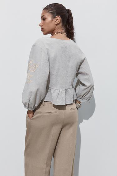 RUSTIC EMBROIDERED TOP - Sea green by Zara - Image 3