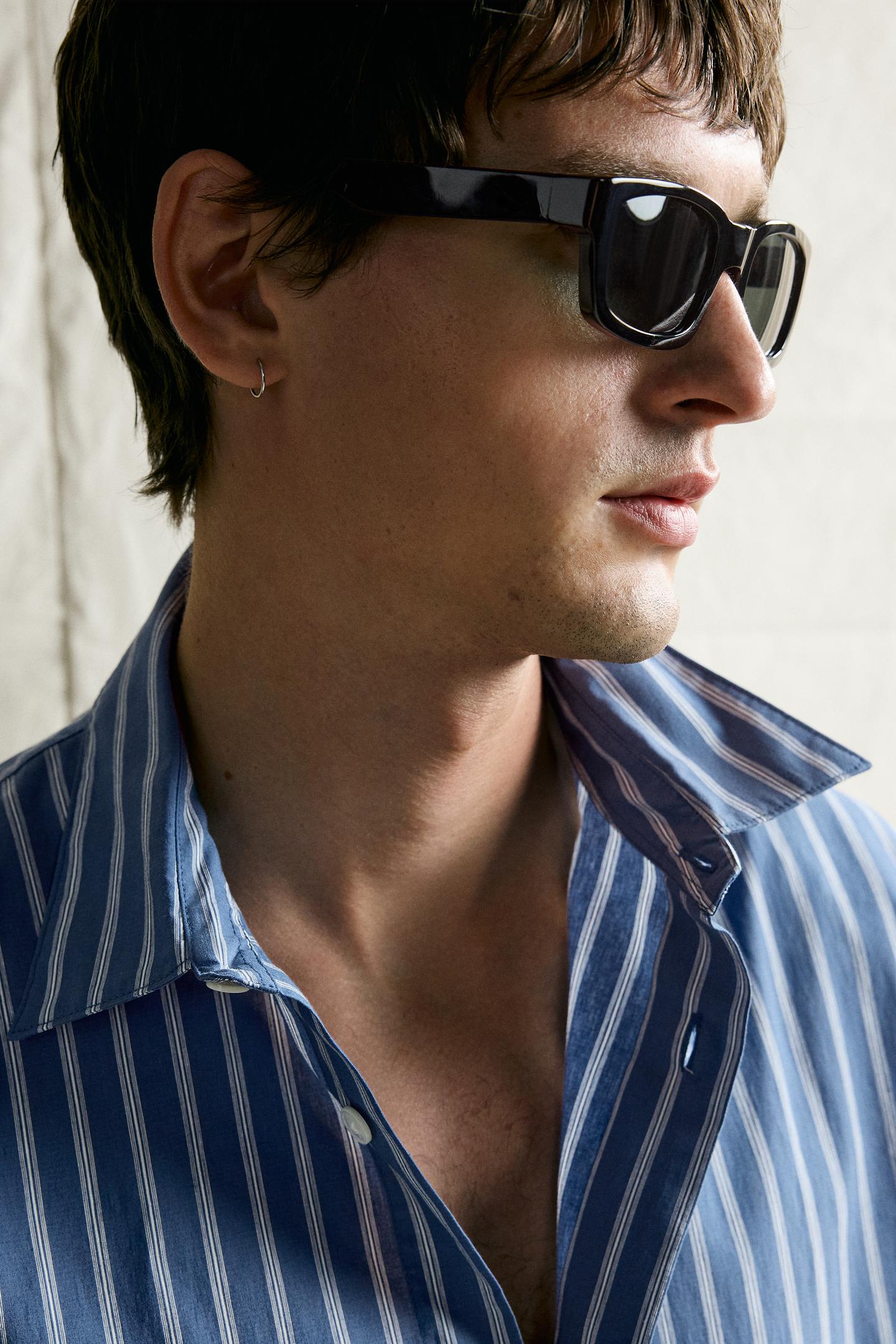 Мужская рубашка Zara Striped Relaxed Fit, цвет: Светлый индиго — фото 6