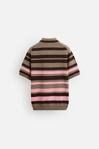 STRIPED JACQUARD KNIT POLO SHIRT - Brown by Zara - Image 7