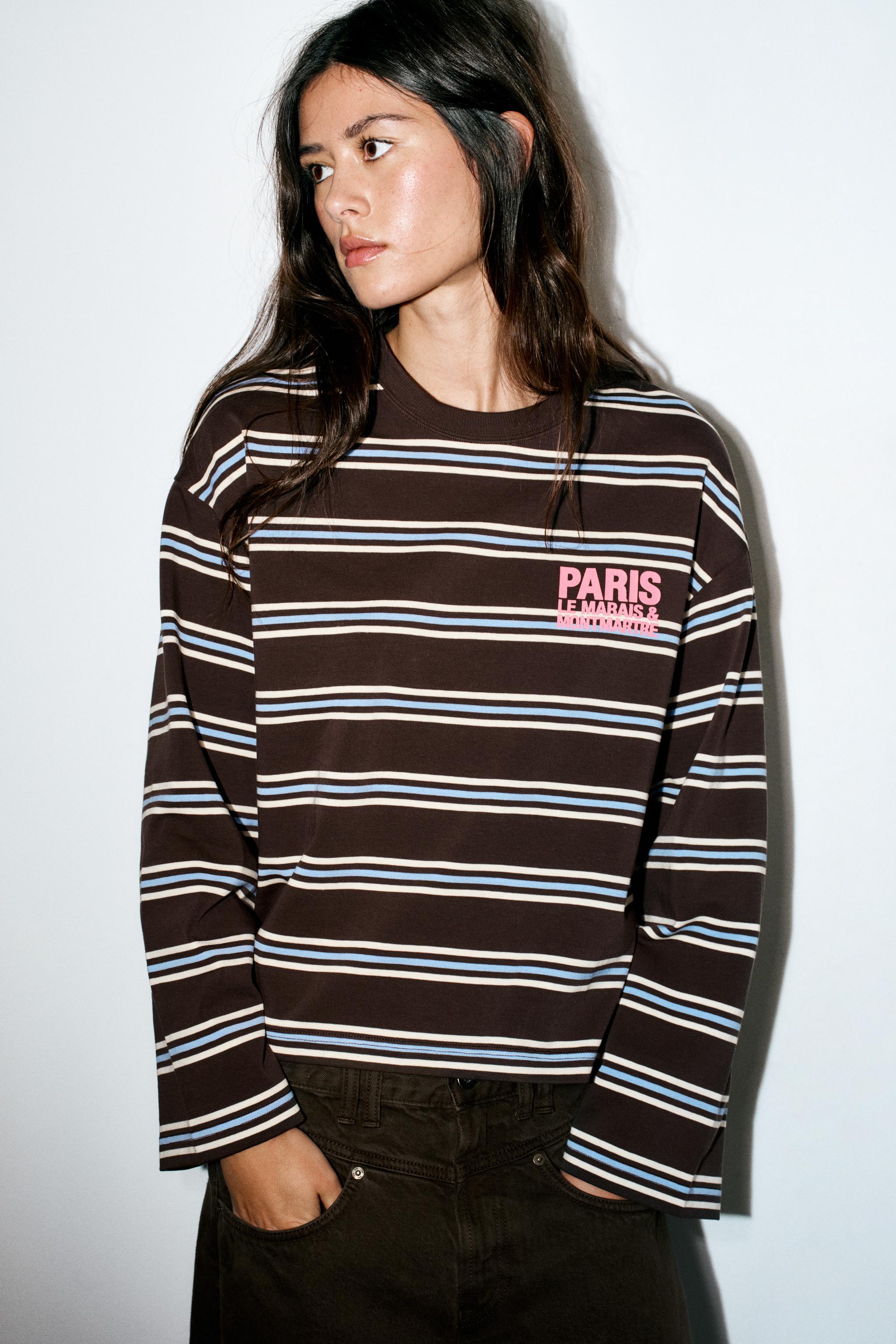 STRIPED TEXT T-SHIRT - Brown Stripes | ZARA United States
