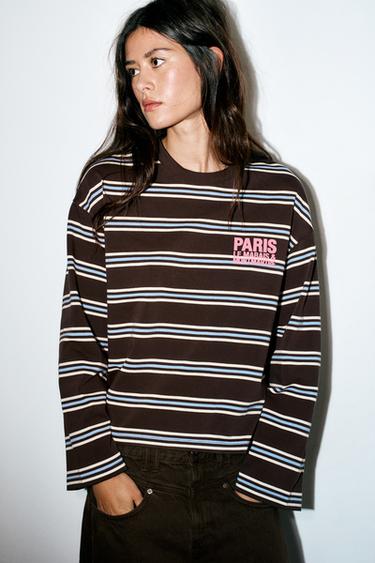 GESTREIFTES T-SHIRT MIT SCHRIFTZUG - Brown Stripes von Zara - Bild 0