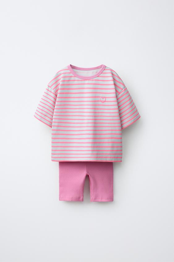 STRIPED T-SHIRT AND CYCLING LEGGINGS SET - raspberry de Zara - Imagen 0