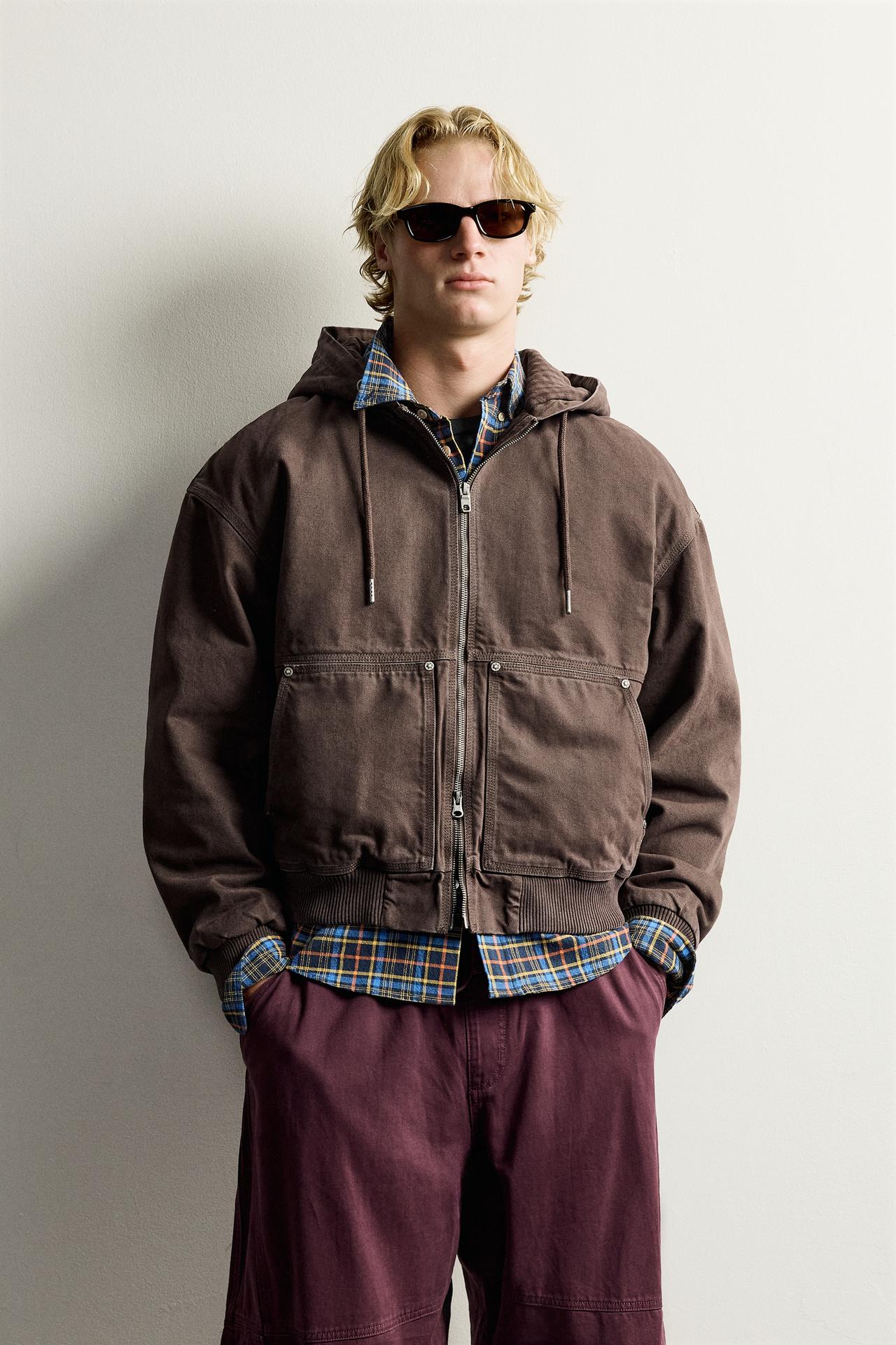 CONTRAST HOODIE QUILTED JACKET — Brown
