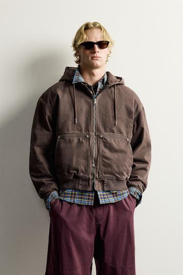 CONTRAST HOODIE QUILTED JACKET — Brown 1