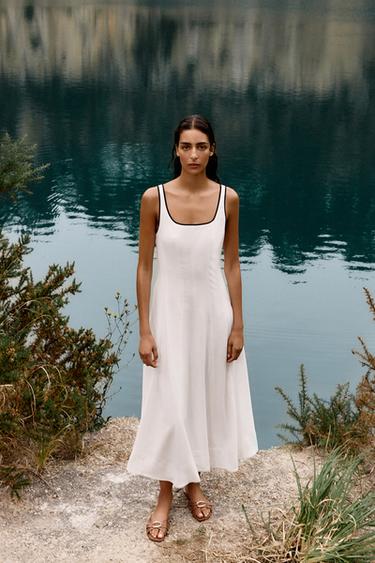 FUSTAN MIDI ME DETALE TË GJALLA ME KONTRAST - E bardhë e thyer nga Zara