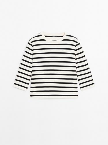 Zara Striped 100% cotton T-shirt - Ecru - Image 0