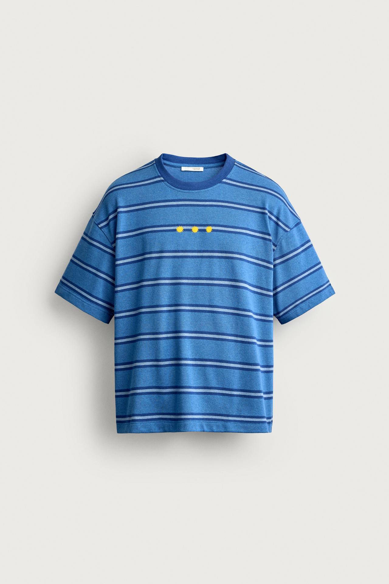 STRIPED JACQUARD EMBROIDERED T-SHIRT — Blue / Indigo