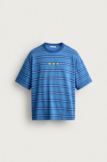 Zara STRIPED JACQUARD EMBROIDERED T-SHIRT - Blue / Indigo