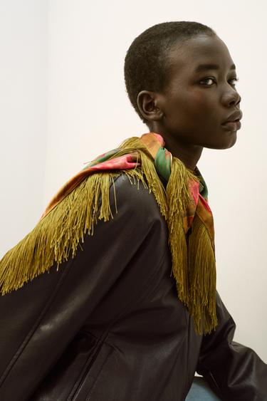 SATIN PRINT SCARF WITH FRINGE - Olive green by Zara - Image 1