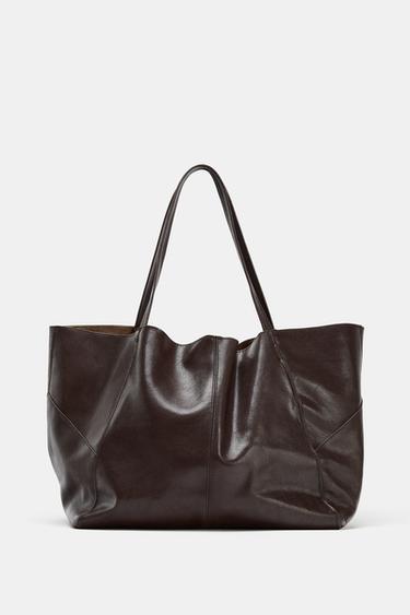 Zara VELIKA KOŽNA SHOPPER TORBA – čokolada