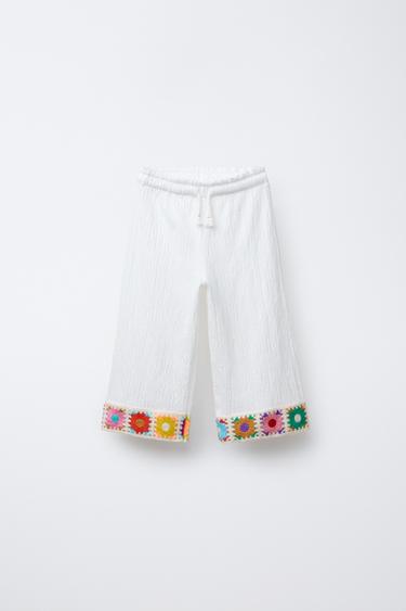 Zara RUSTIC CROCHET KNIT FLOWER PANTS - Oyster-white
