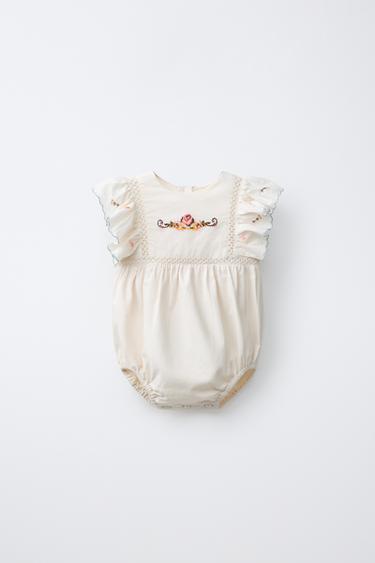 Zaras SPARKBYXA MED BRODERADE BLOMMOR - Naturfärg