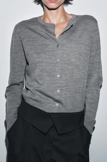 100% WOOL PLAIN KNIT CARDIGAN - Grey marl by Zara - Image 1