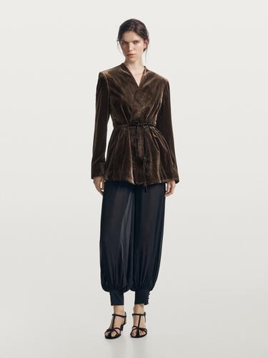 Zara Velvet blazer with tie detail - Brown - Image 0
