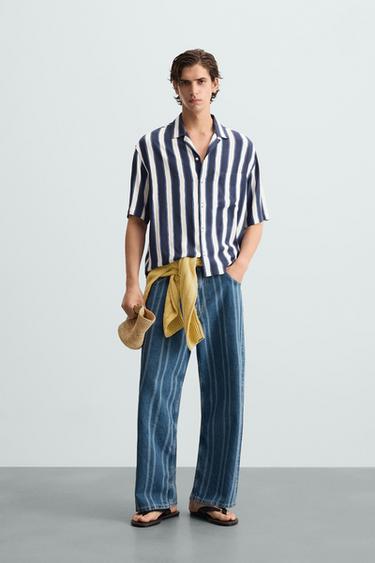 CAMISA RAYAS VISCOSA - Marino / Blanco de Zara - Imagen 0