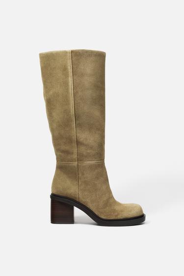 STITCHED SPLIT SUEDE HEELED BOOTS - Taupe Grey by Zara