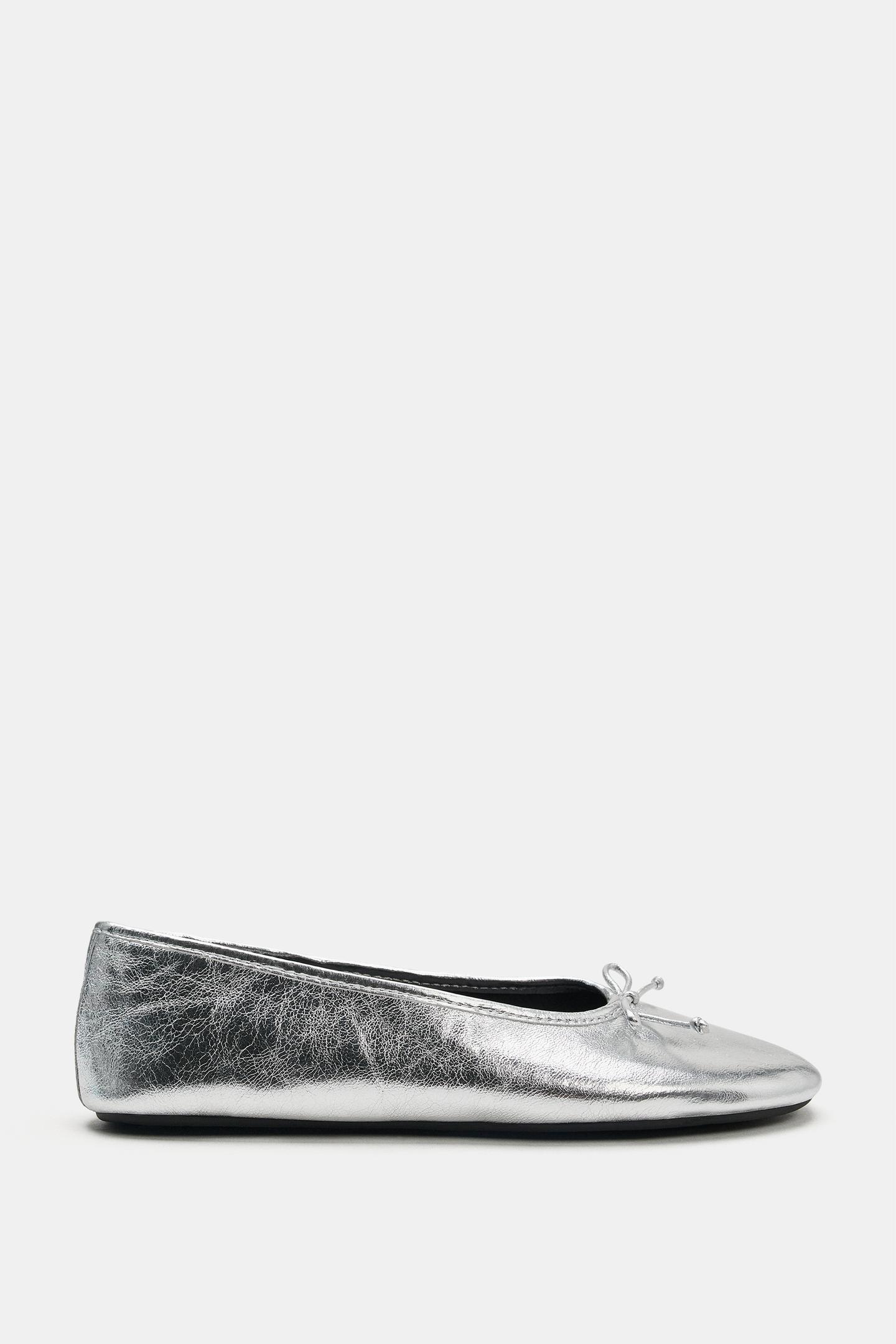 Женские балетки Zara Metallic Leather Ballet, цвет: Серебряный — фото 3