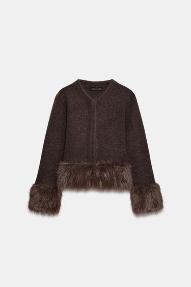CONTRAST KNIT FAUX FUR CARDIGAN - Brown by Zara