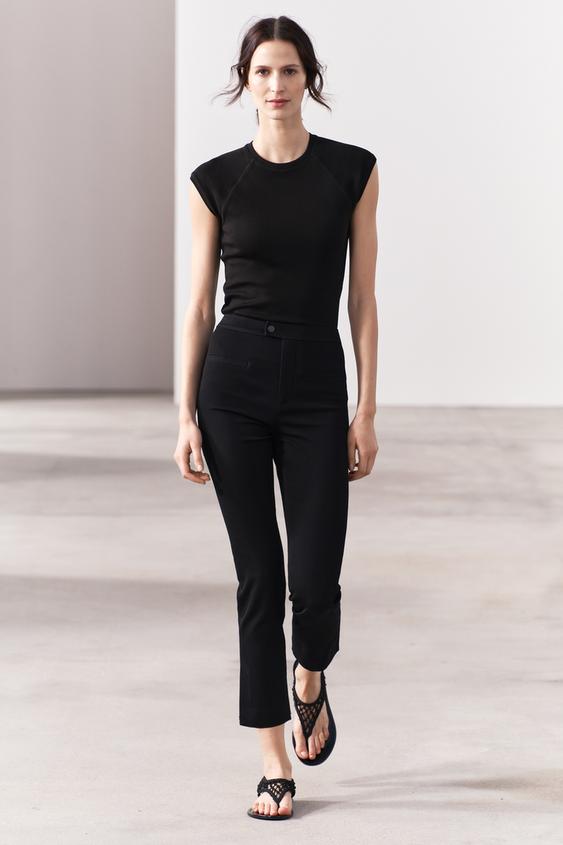 Zara Women Small Textured Knit Printed Black Cream High Rise Flare Leggings  F