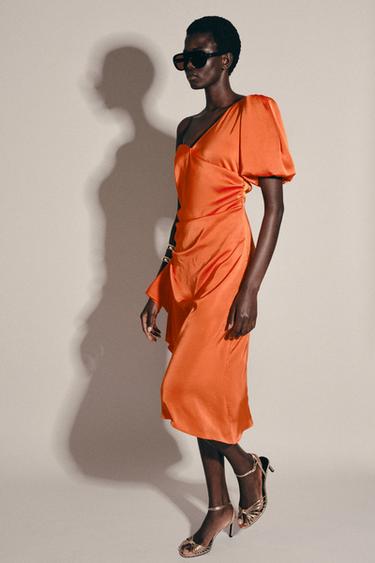 АТЛАСНОЕ ПЛАТЬЕ МИДИ АСИММЕТРИЧНОГО КРОЯ — ОРАНЖЕВЫЙ от Zara