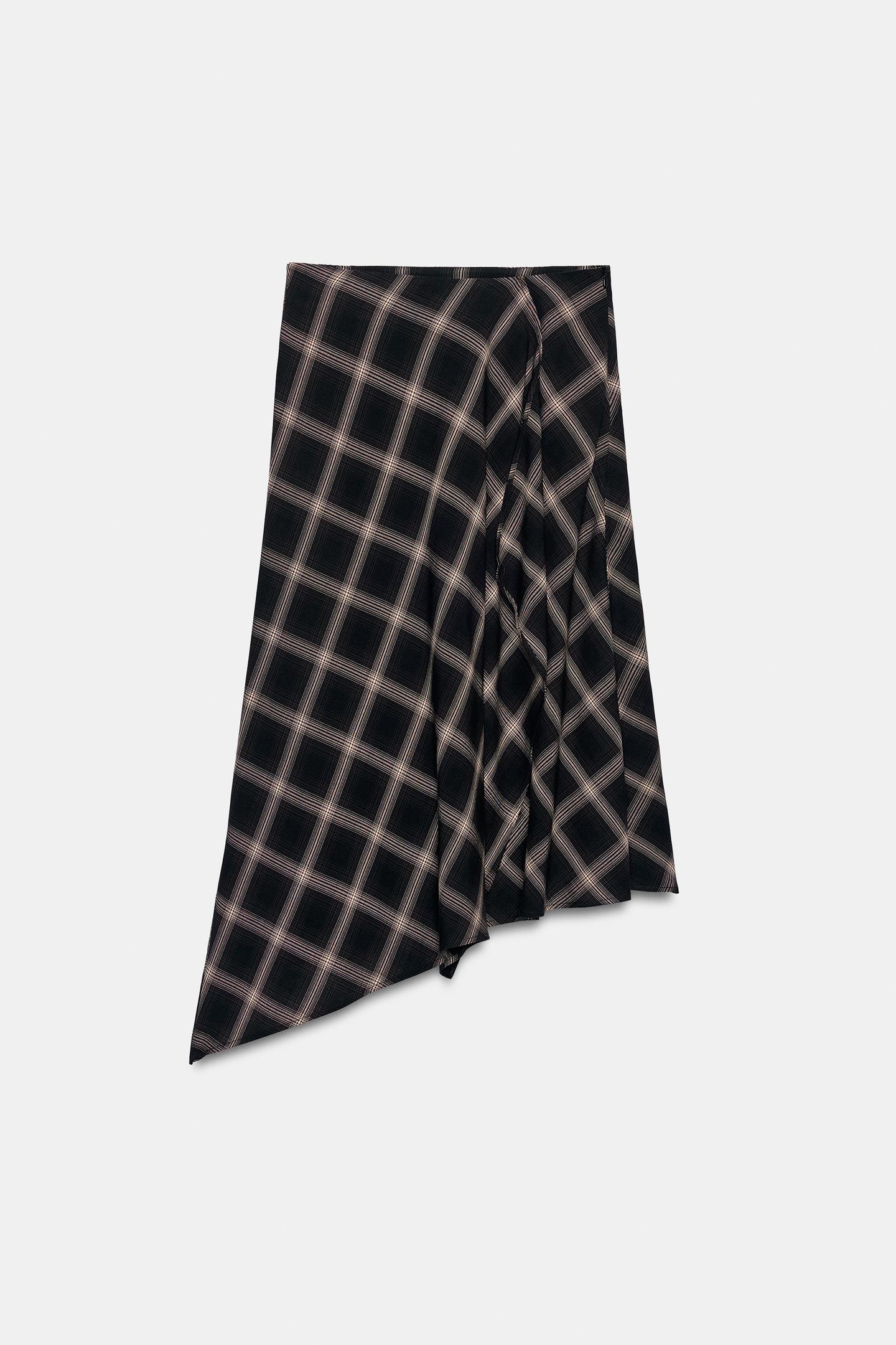 Женская юбка Zara Asymmetric Check with Slit, цвет: Чёрный / Коричневый — фото 7