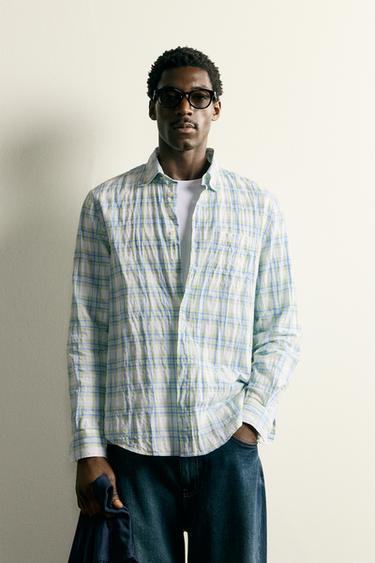 REGULAR FIT CREASED-EFFECT CHECK SHIRT - Green / Blue by Zara