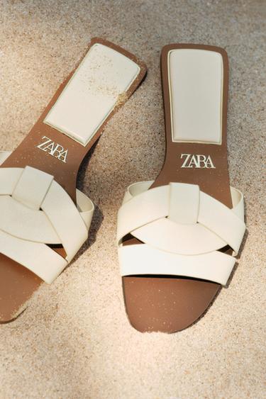 FLAT CRISS-CROSS LEATHER SLIDER SANDALS - White by Zara