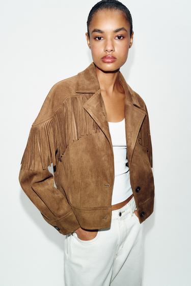 FAUX SUEDE FRINGED JACKET - camel by Zara