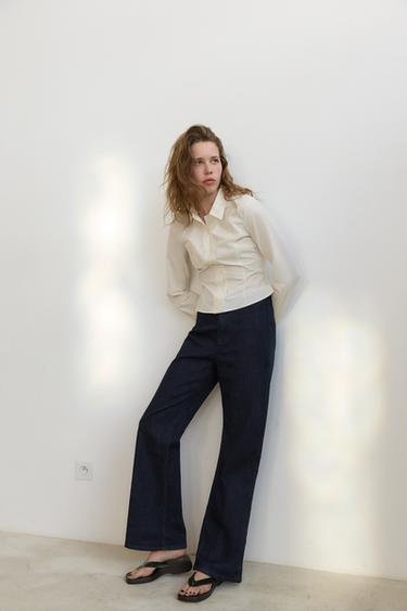 Zara HIGH-WAISTED FAUX DENIM PANTS - Dark indigo