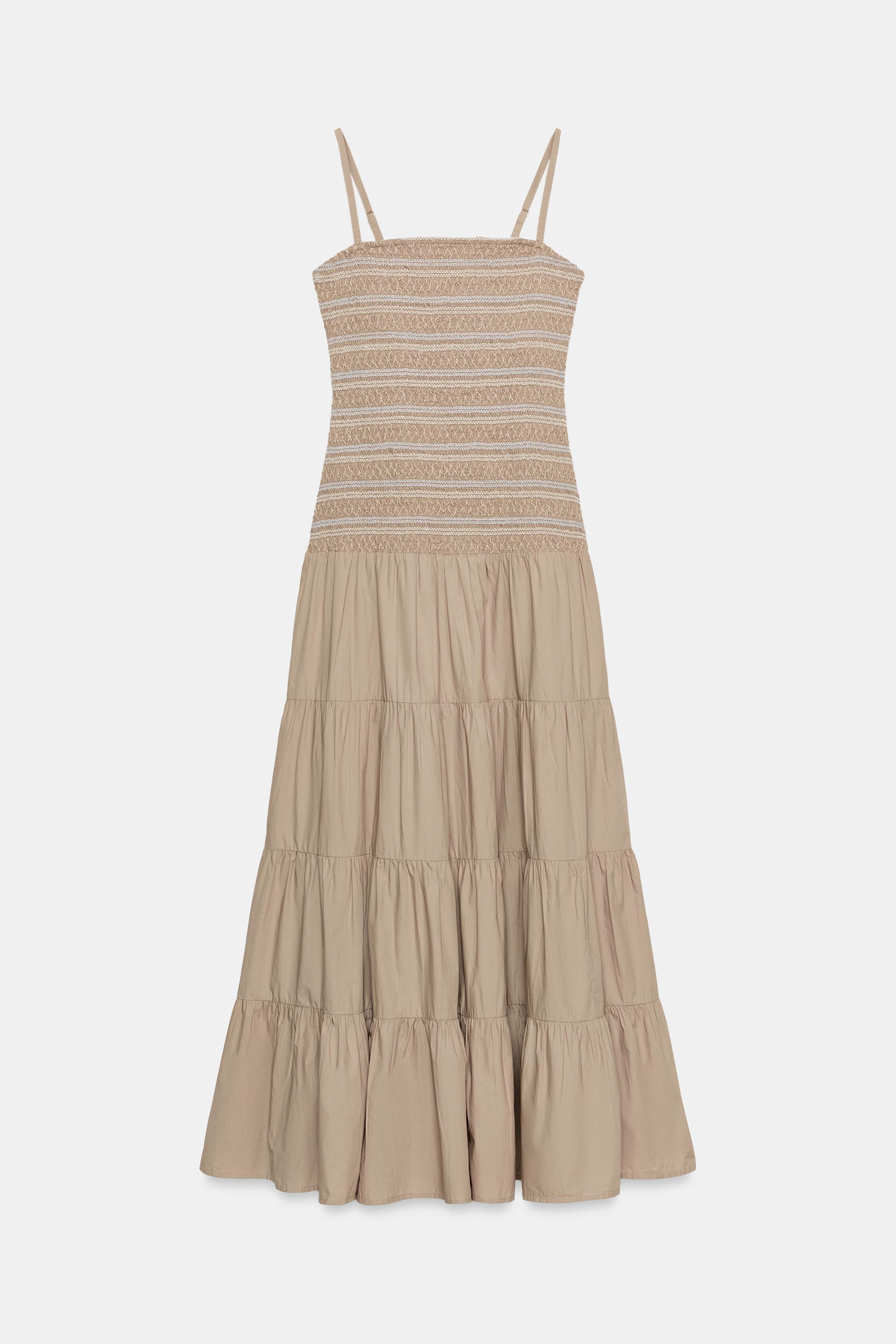 EMBROIDERED SMOCKED MIDI DRESS - Dark beige | ZARA United States EMBROIDERED SMOCKED MIDI DRESS - Dark beige | ZARA United States