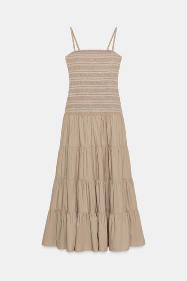 EMBROIDERED SMOCKED MIDI DRESS - Dark beige by Zara - Image 7