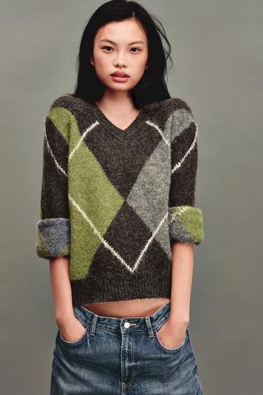 Zara 菱格針織衫 - 棕色 / 綠色