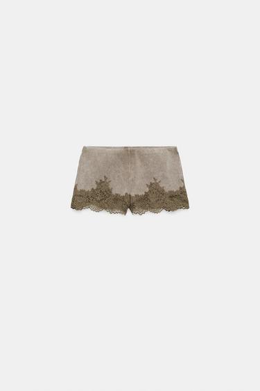 Zara WASHED EFFECT LACE SHORTS - Brown