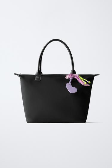 Zara NYLON SHOPPER BAG WITH HEART CHARM - Black