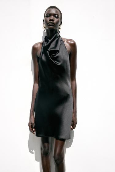 Zara SATIN HALTER MINI DRESS - Black