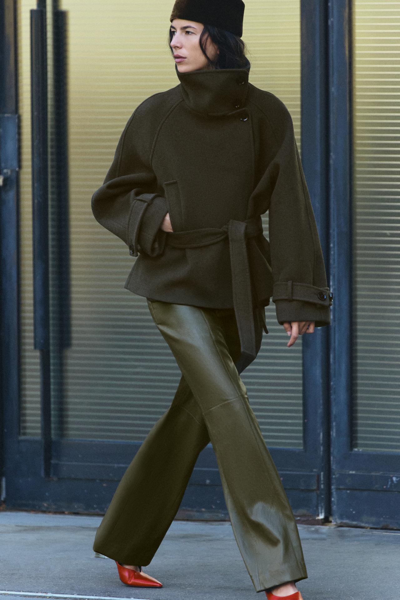 HIGH NECK COAT WITH BELT — Khaki