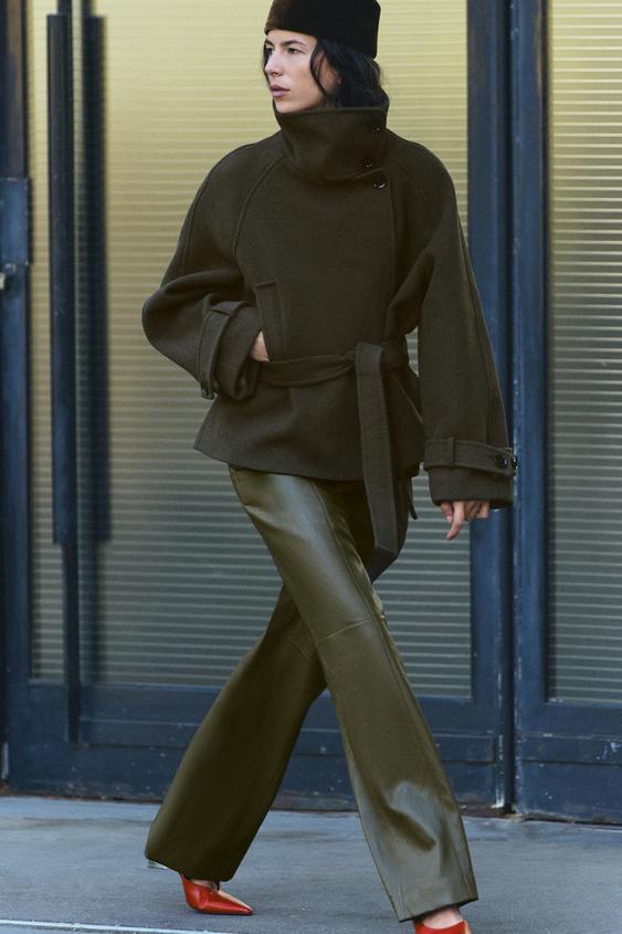 Zara HIGH NECK COAT WITH BELT - Khaki - Image 0